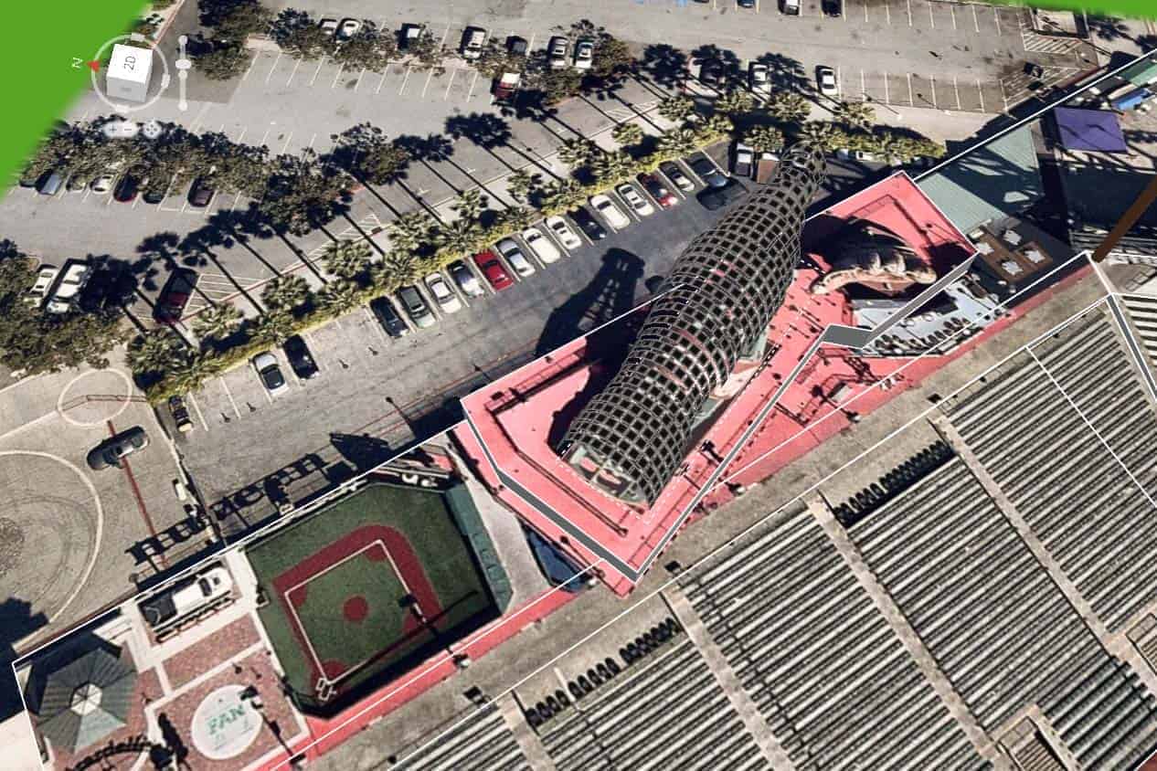 The distinctive Coca-Cola bottle at Oracle Park (home of the SF Giants baseball team) recreated using Aurora solar software. 