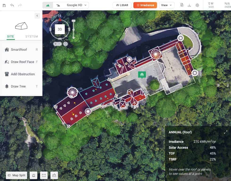 A color-coded irradiance map of Neuschwanstein Castle, generated by Aurora solar software