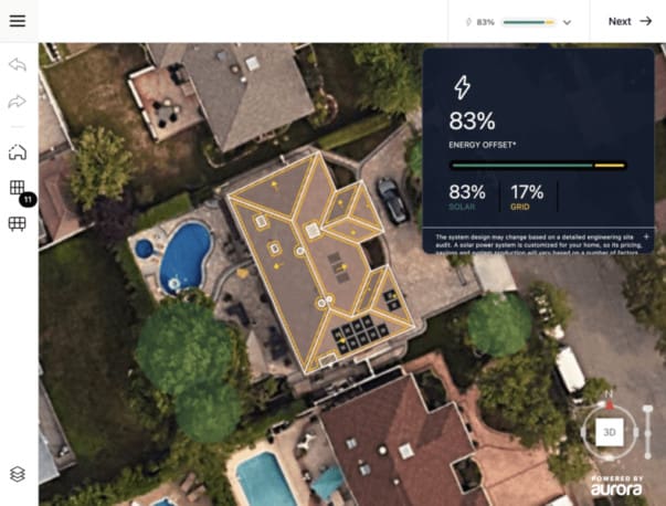 Aerial view of a property with a solar panel layout indicating an 83% energy offset