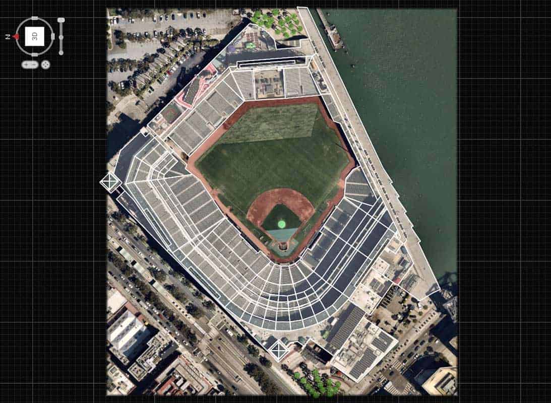 A top-down view of Oracle Park, home of SF Giants baseball, as designed in Aurora solar software.