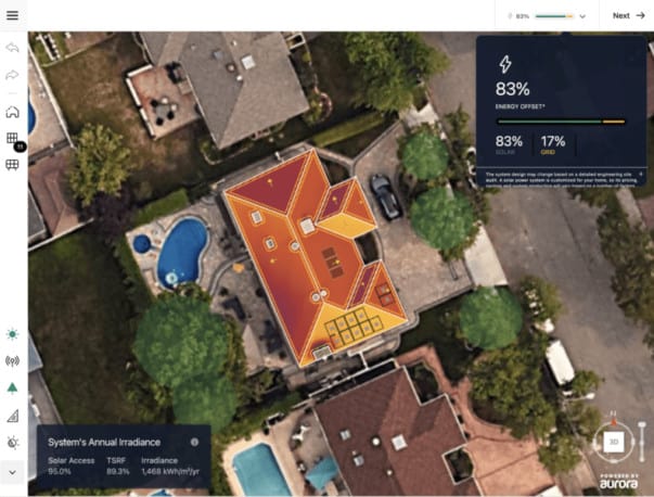 Aerial simulation of solar panel efficiency on a house roof.