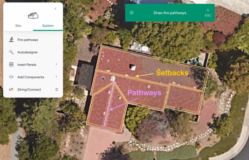 Site planning interface with aerial view showing fire pathways and setbacks.