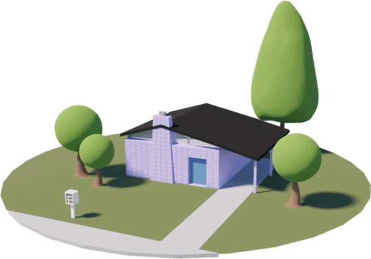 Simplified 3D render of a suburban home with a blue facade and green surroundings