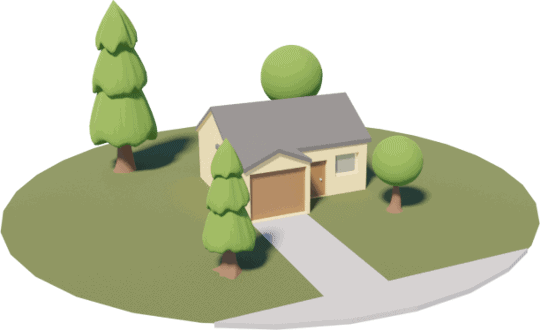 A minimalist 3d illustration of a small house surrounded by trees, with a path leading up to the door.