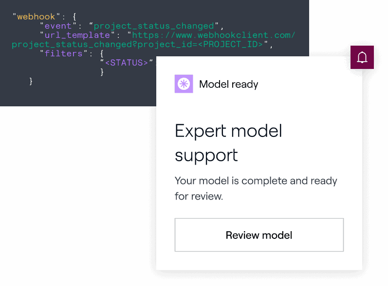 Pop-up: 'Model ready', with JSON code background.