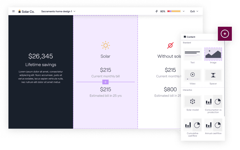 Web design interface comparing solar savings vs. costs, with editing tools.