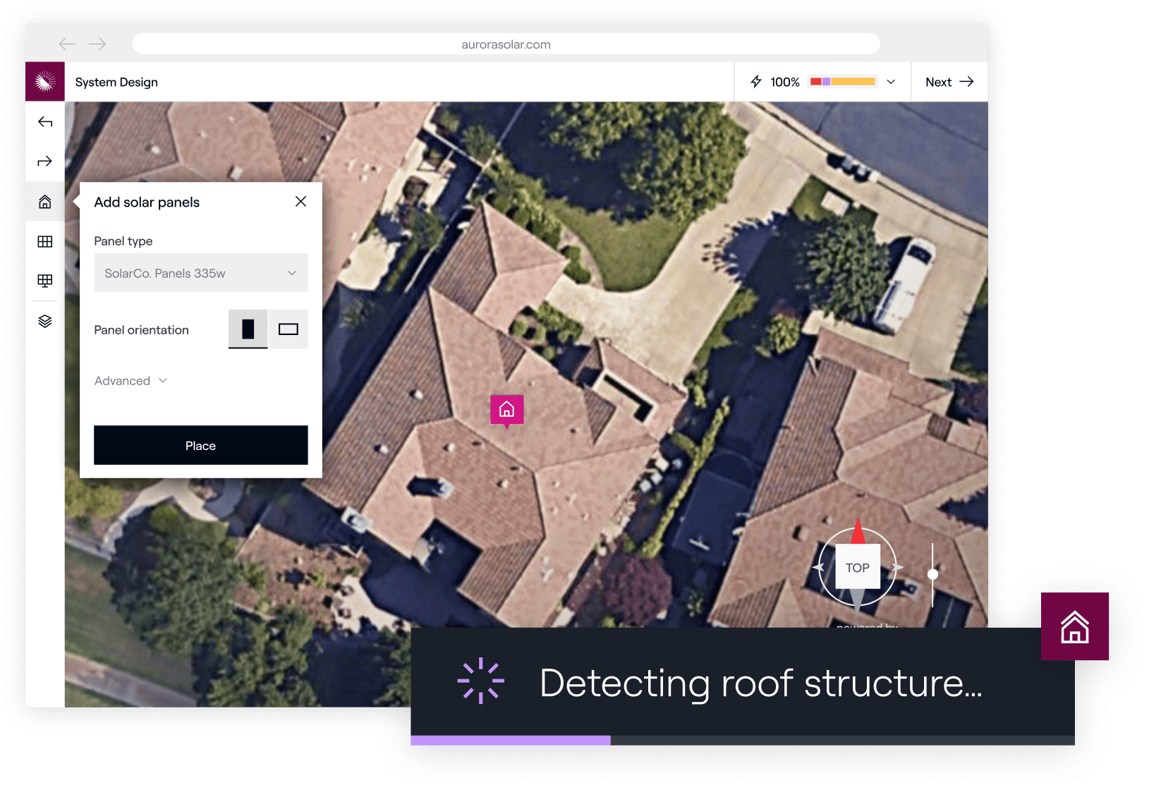 Solar panel installation planning tool on an aerial neighborhood view for roof design