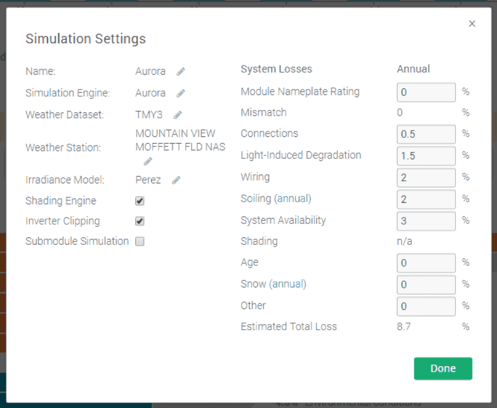 Aurora Solar's performance simulation settings allow users to specific system loss percentages