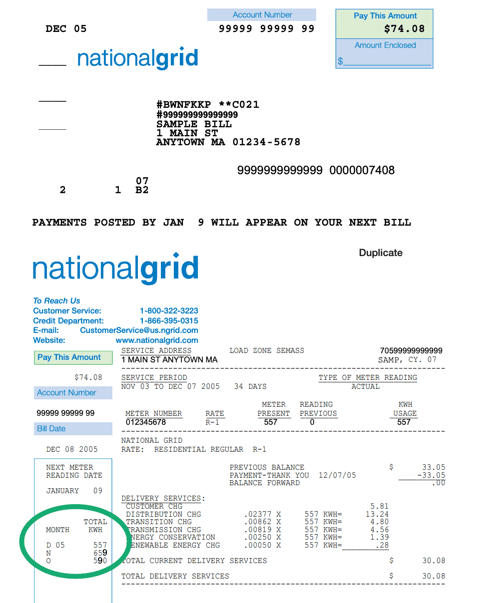 Sample utility bill from National Grid showing energy usage in past months