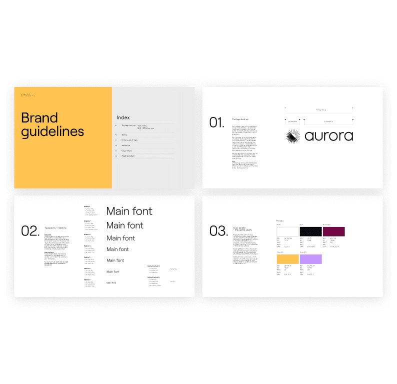 A layout of brand guidelines documentation showcasing company identity elements such as logo, typography, and color schemes.