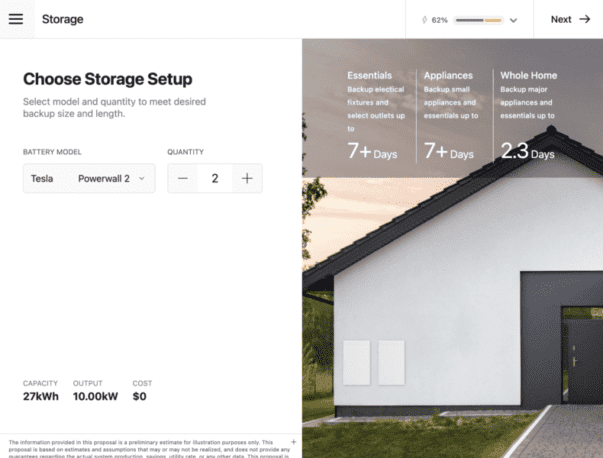 Interface showing Tesla Powerwall options with cost and house power duration.