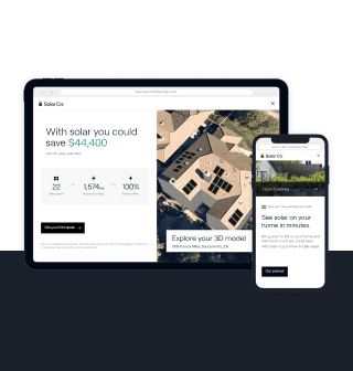 Tablet and smartphone showing solar savings calculator with aerial view.