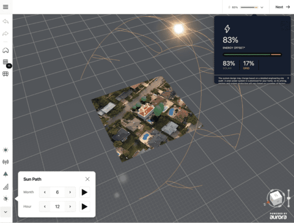 Sun path analysis over homes with solar exposure and shading visual overlays