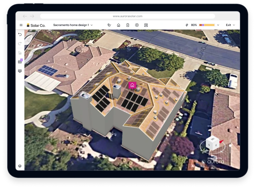 Aerial view of a residential building with a solar panel installation on its roof, viewed through a solar assessment website interface.