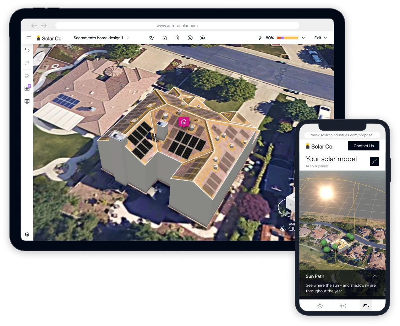 Designing a solar panel installation plan on a digital tablet using a 3d aerial view of a residential house.