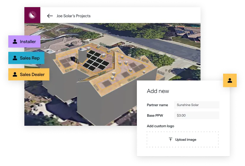 A solar project management software interface with a 3D rooftop solar model