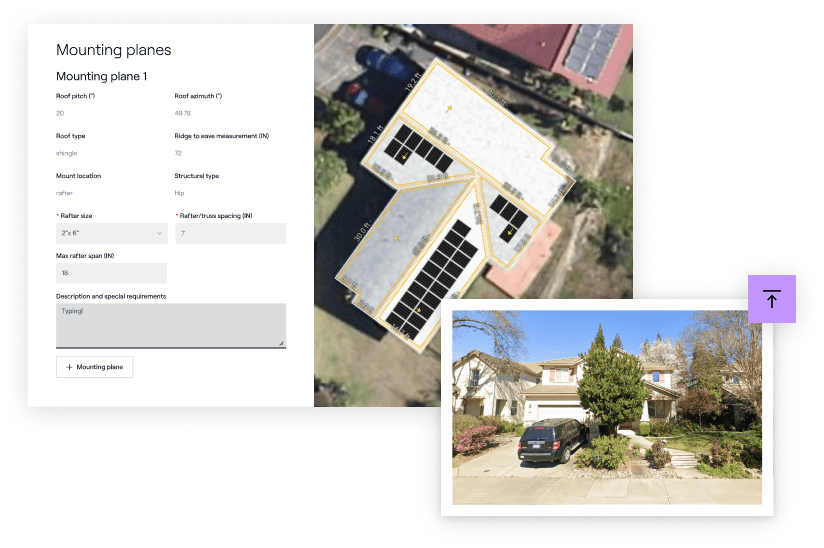 Multi-view presentation of a house with solar panel installation plans.