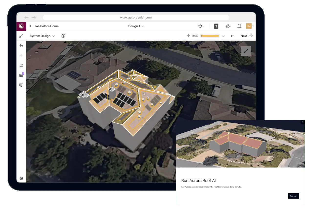 Website display of a residential solar panel installation 3D model on a rooftop.