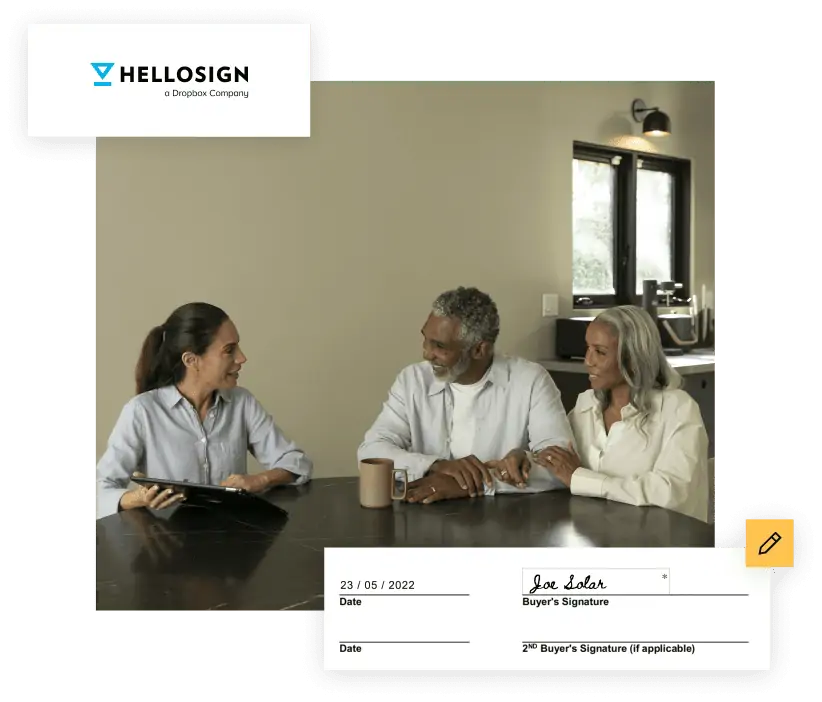 A couple engaging in a pleasant conversation with a professional, possibly finalizing a deal with a digital signature using hellosign.