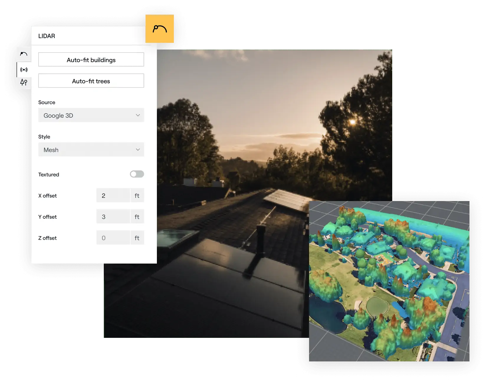 A screenshot of a 3d mapping software interface demonstrating the rendering of a residential area with trees, using lidar data.