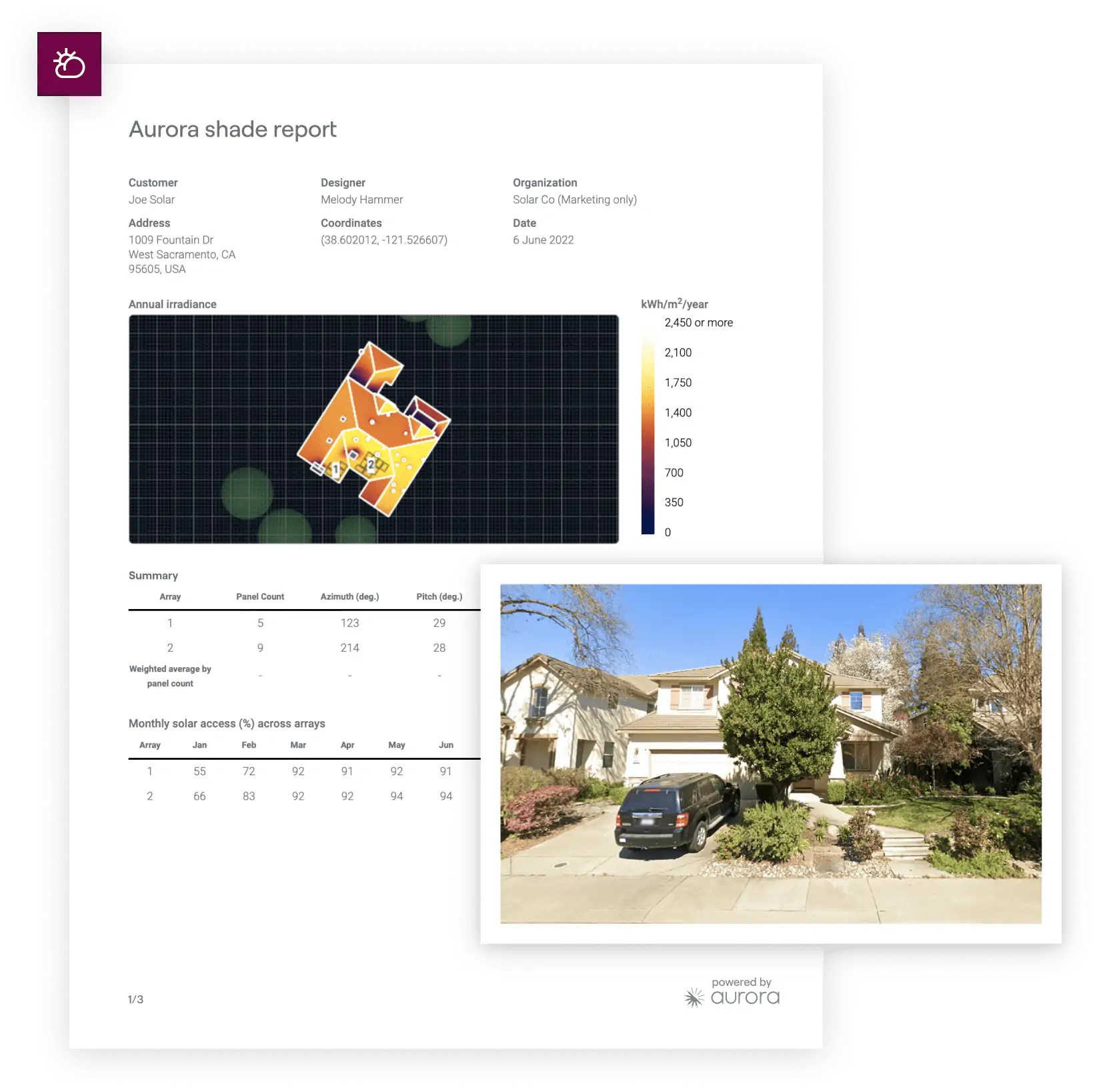 Solar panel design report with satellite imagery, solar data, and financial analysis.