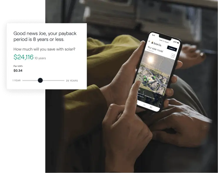 Smartphone app showing $24,116 solar savings projection over 10 years.