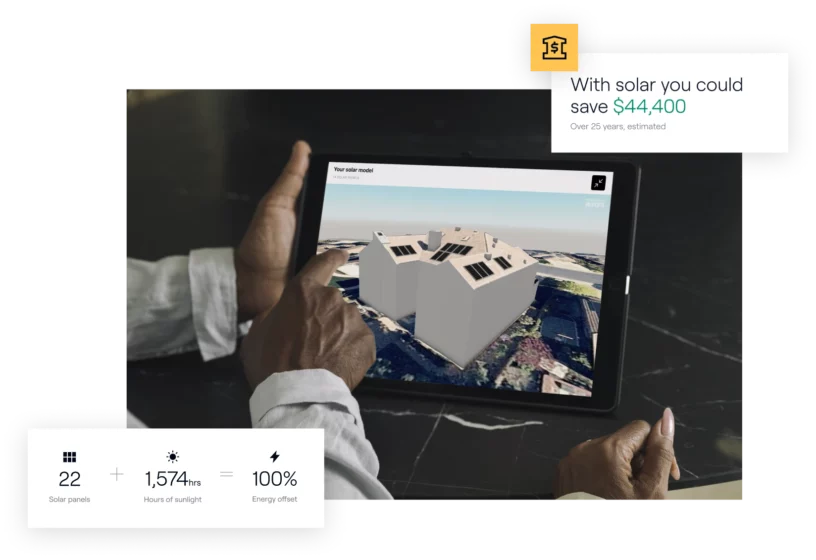 Person browsing a solar installation plan on a tablet, with data on savings highlighted.