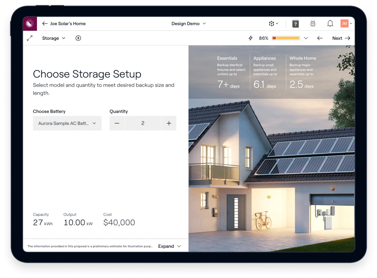 A modern tablet displaying a solar panel purchasing platform with a view of a house equipped with solar panels in the background