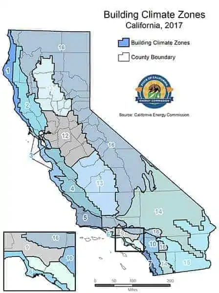 A map of California’s Building Climate Zones, relevant to PV system size under the state's solar mandate for new homes