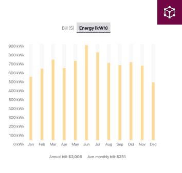 Bar chart of monthly energy consumption in kWh and cost over a year