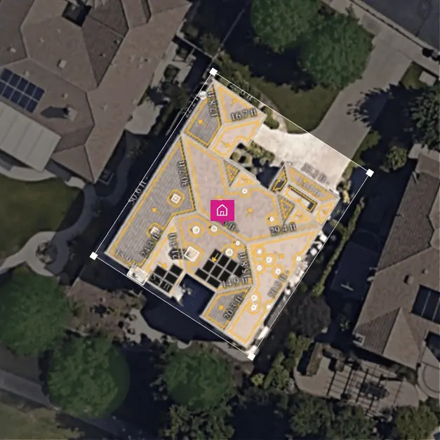 Aerial view of residential area with home security zone mapping overlay.