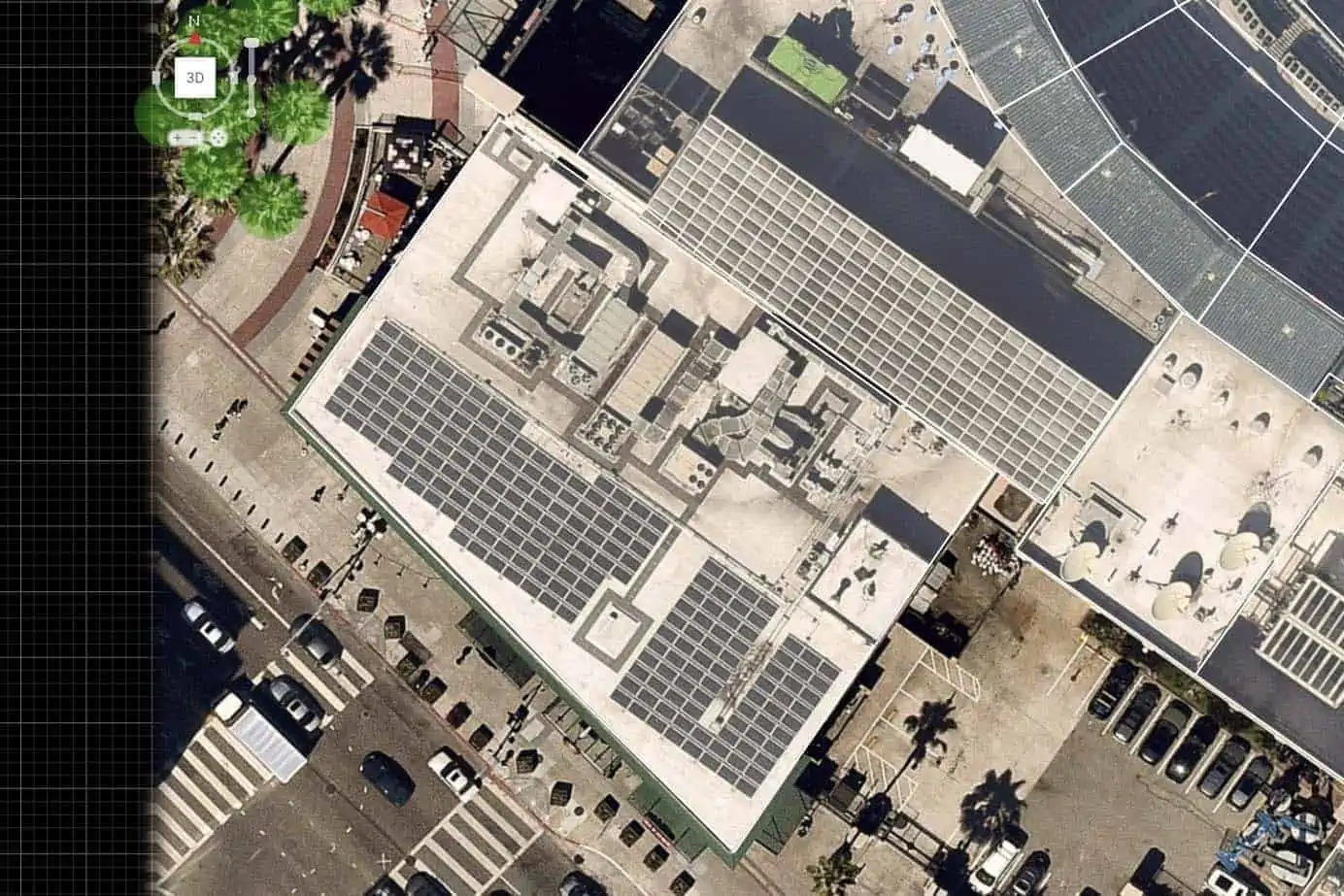 An aerial view of the solar installation at Oracle Park as seen in Nearmap HD imagery. This solar array power's the stadium of the SF Giants baseball team.