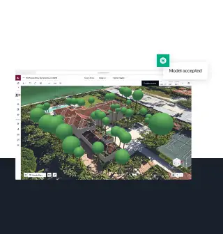 3D architectural model of green spaces and buildings in design software